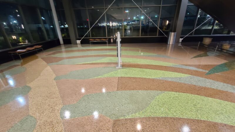 Night time view of a freshly stripped and waxed terrazzo floor. Very shiny